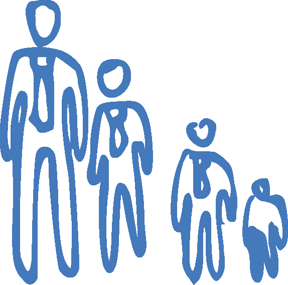 Four blue outlined figures in descending size with ties representing a growing or shrinking group.
