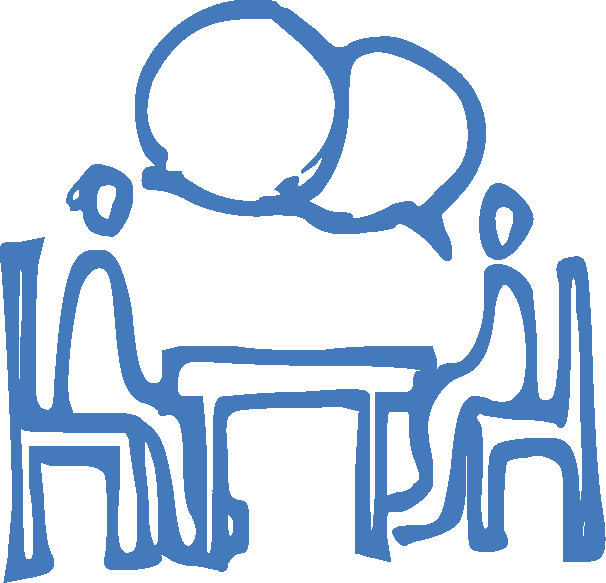 Two people sitting on chairs facing each other with overlapping speech bubbles above a table.