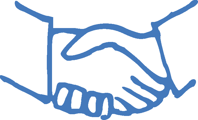 Blue line drawing of two hands shaking, symbolizing agreement or partnership.