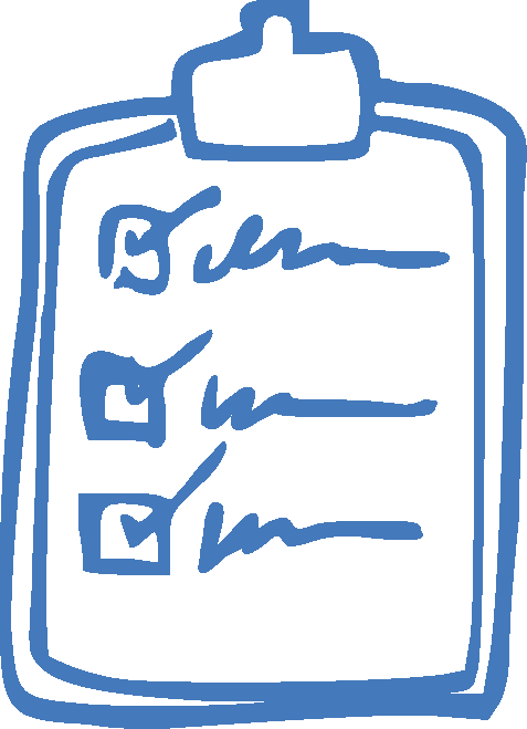 Blue clipboard with three checked boxes and scribbled lines resembling a checklist.