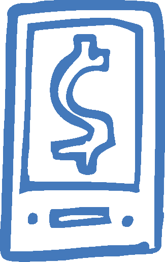 Blue outline of a smartphone with a dollar sign on the screen.