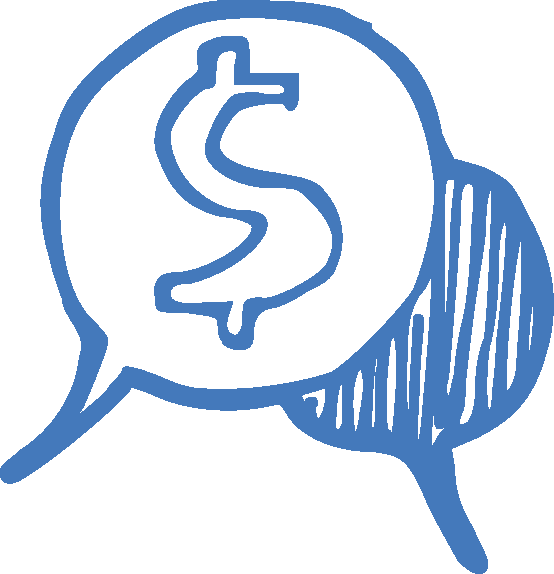 Blue hand-drawn speech bubbles with a dollar sign inside one bubble.