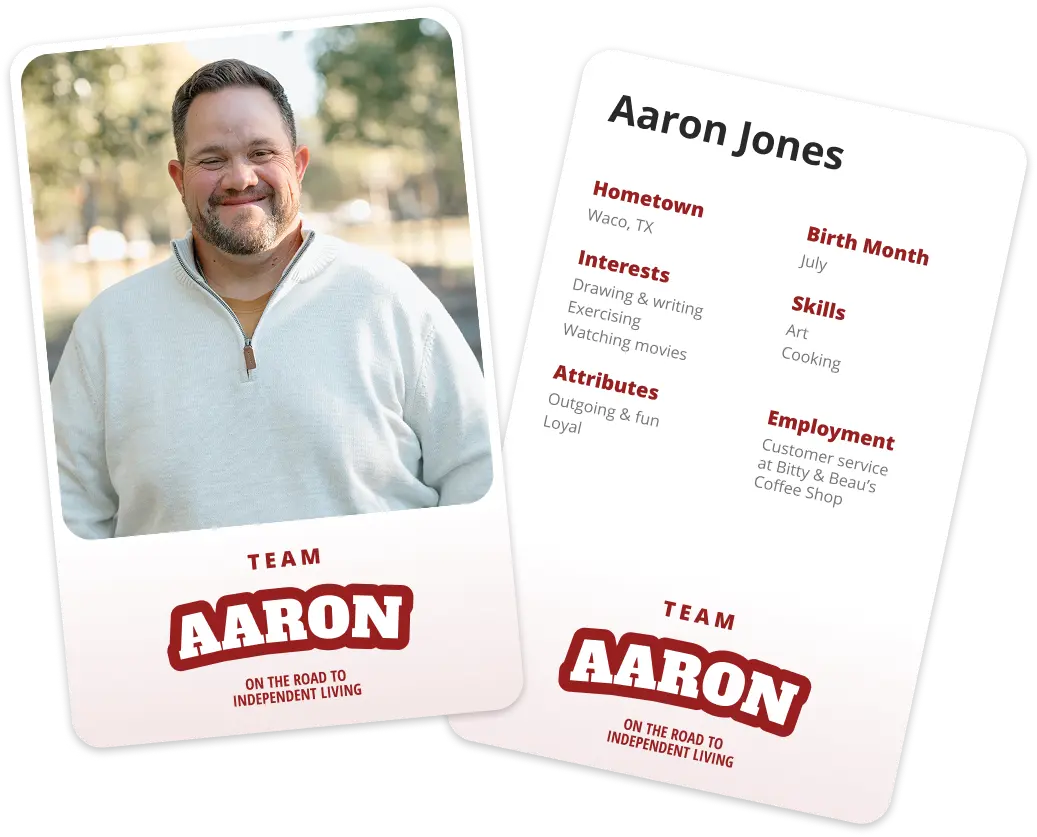 Two cards for Aaron Jones: a smiling man photo and a bio with hometown, interests, attributes, skills, and job.