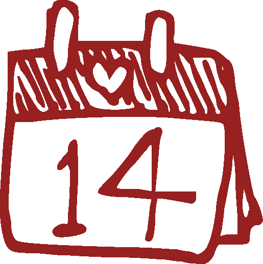 Red sketch of a calendar showing the number 14 with a heart above it.