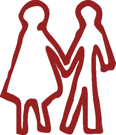 Simple red line drawing of two people holding hands, one with a dress and one with pants.