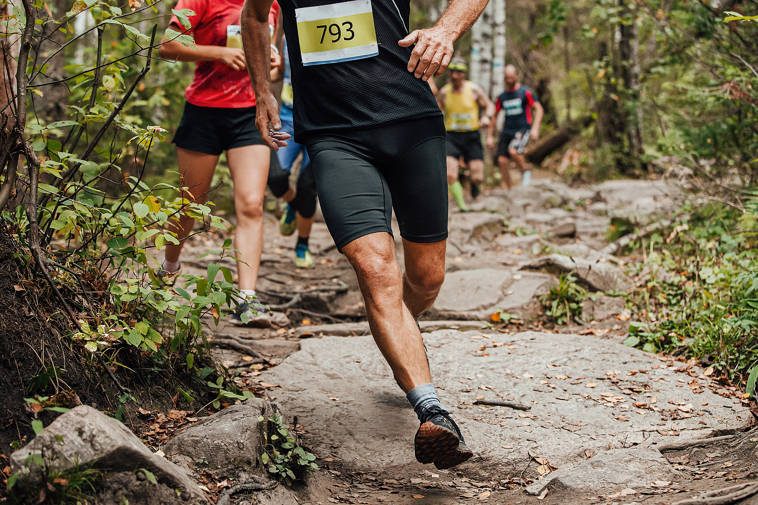 Runners competing on a rocky forest trail during a trail running race with bib number 793.