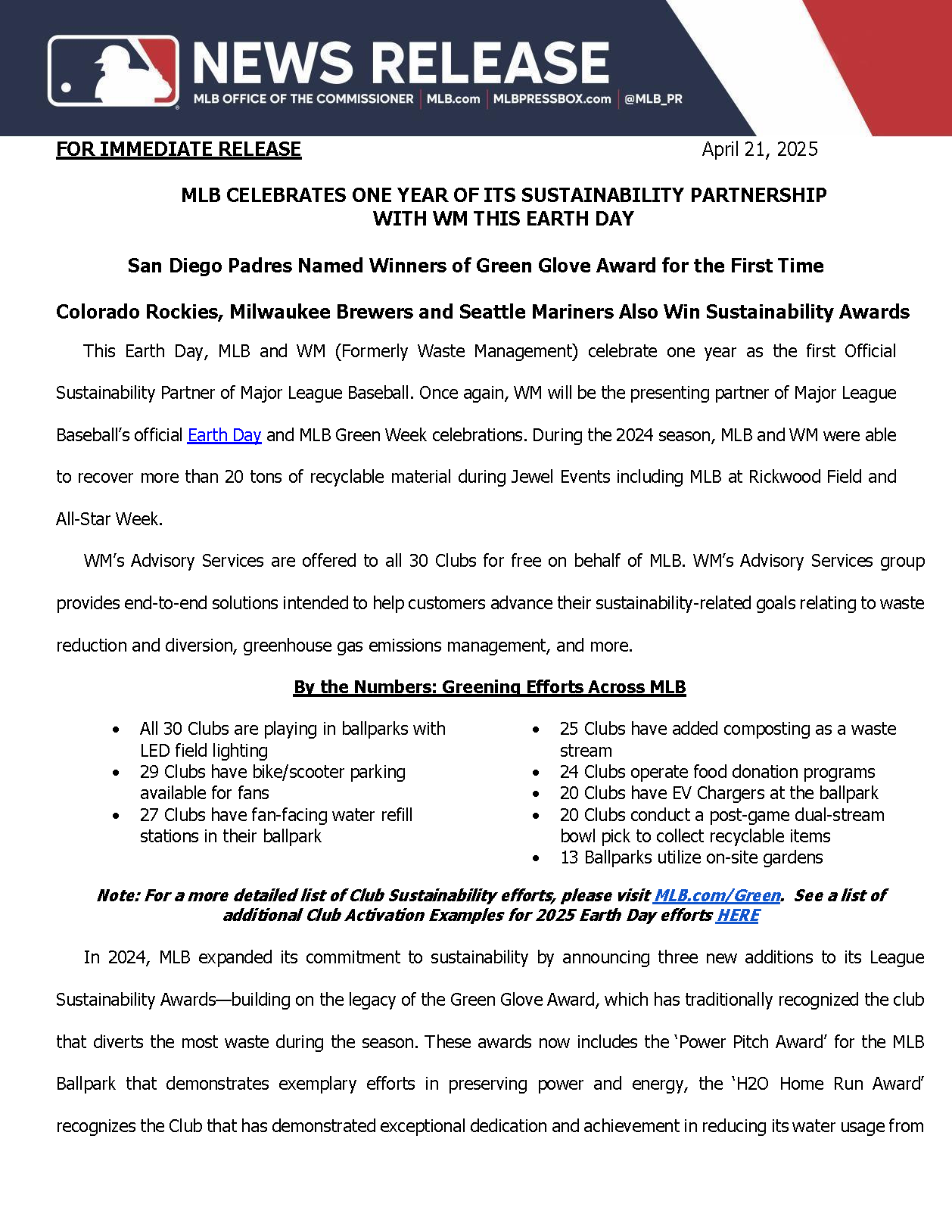 MLB News Release - MLB Celebrates One Year of Its Sustainability Partnership with WM this Earth Day