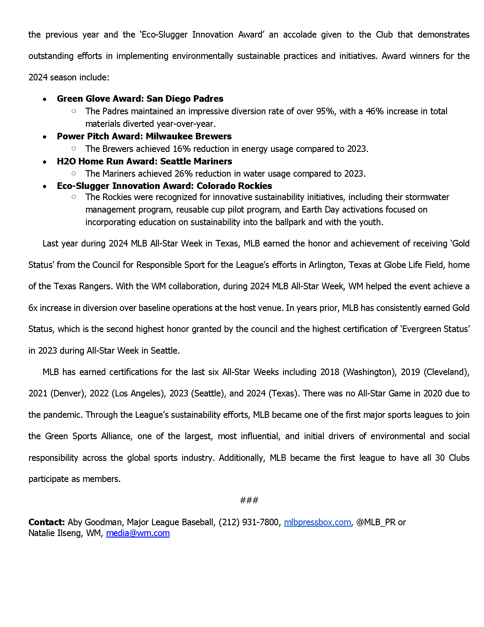 MLB News Release - MLB Celebrates One Year of Its Sustainability Partnership with WM this Earth Day