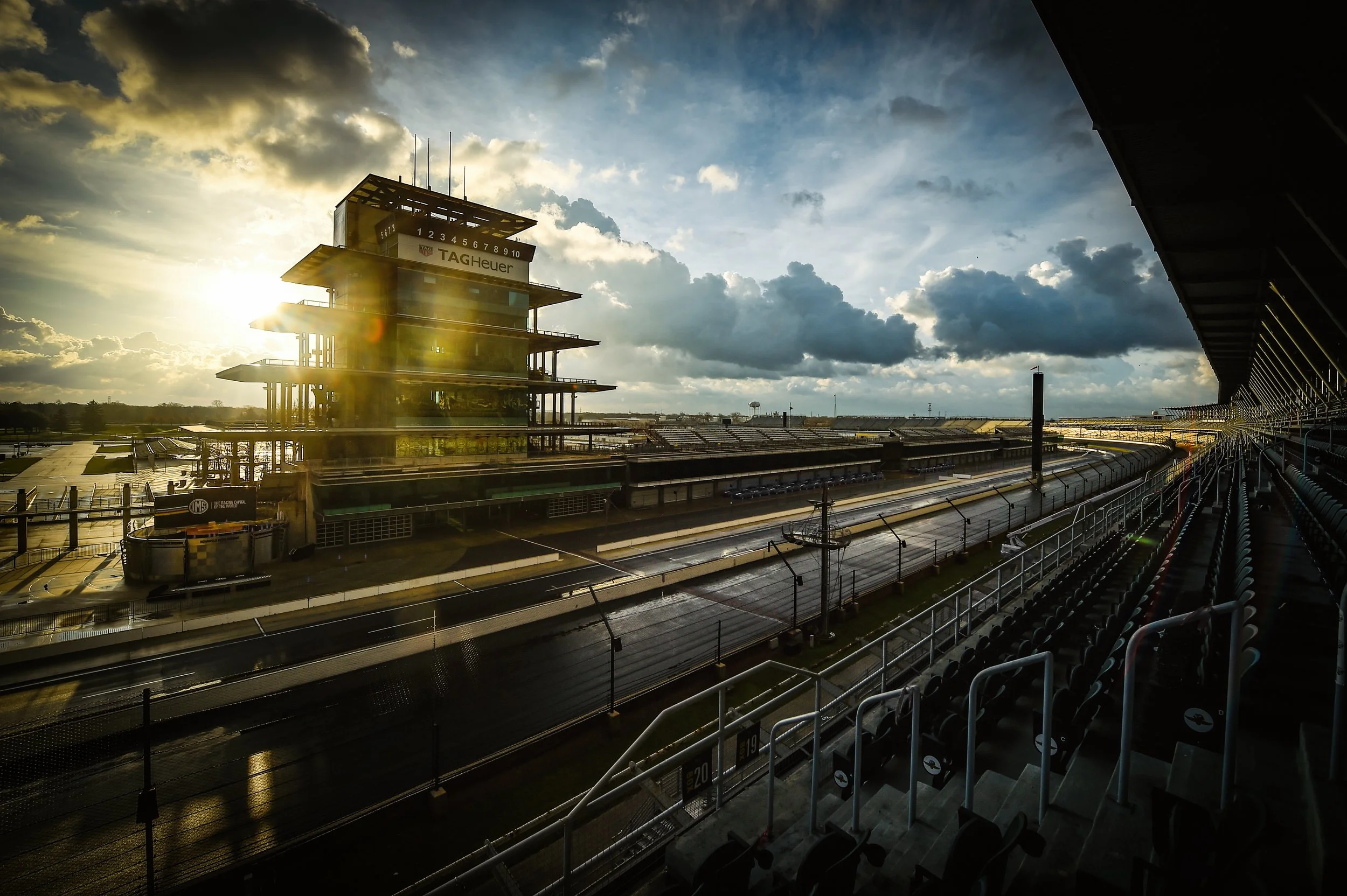 Indianapolis Motor Speedway during cloudy sunset