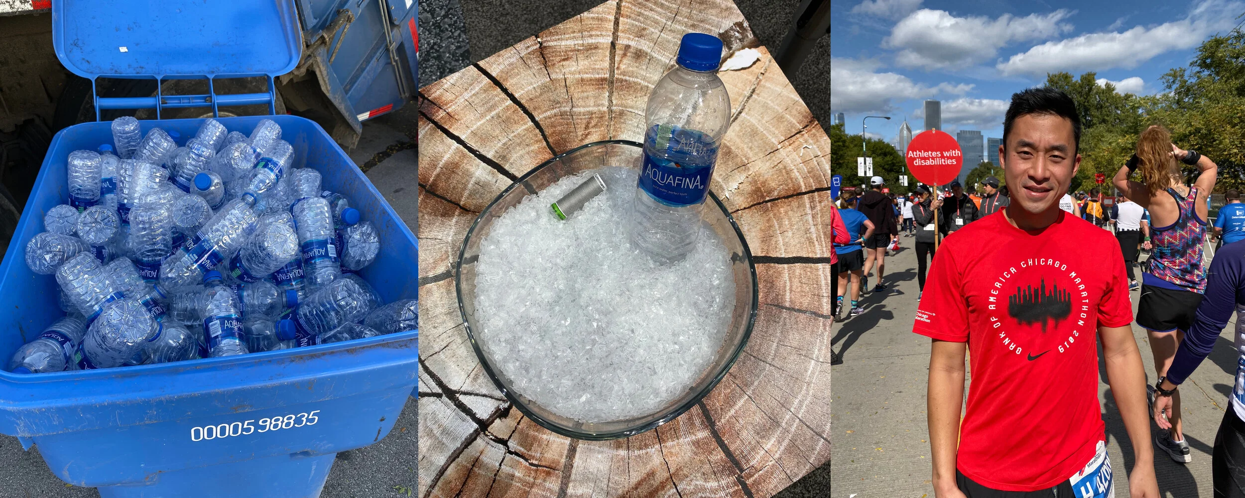 Bottles are source-separated at the Bank of America Chicago Marathon, providing a clean ‘stream’ of material for manufacturers to purchase and turn into new valuable items, like the polyester tech shirt participants received this year made from yarn spun from 100% post-consumer recycled plastic (as shown in center).