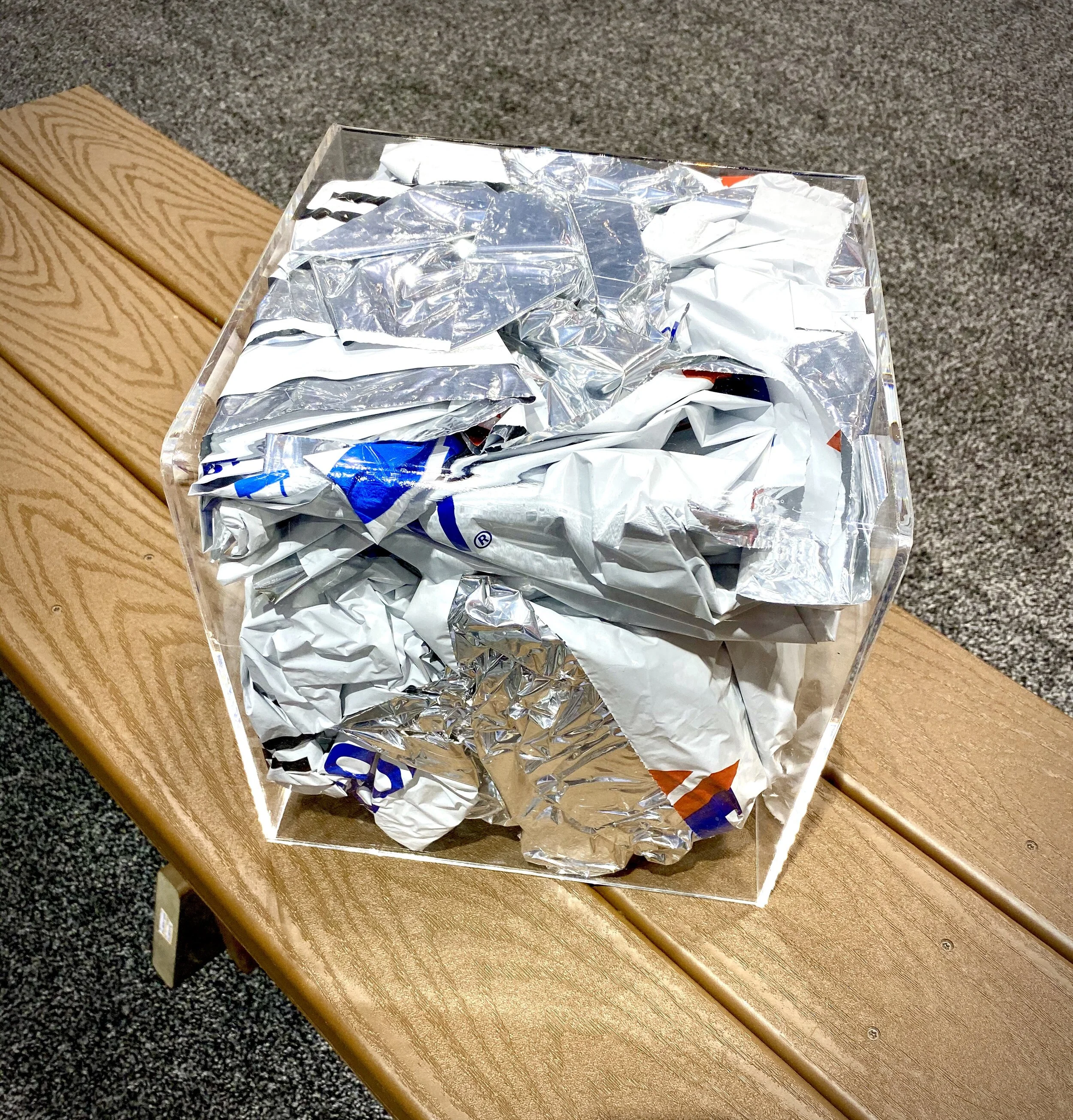 It takes about 500 Heatsheets to make enough Trex board to build a bench like the one pictured here