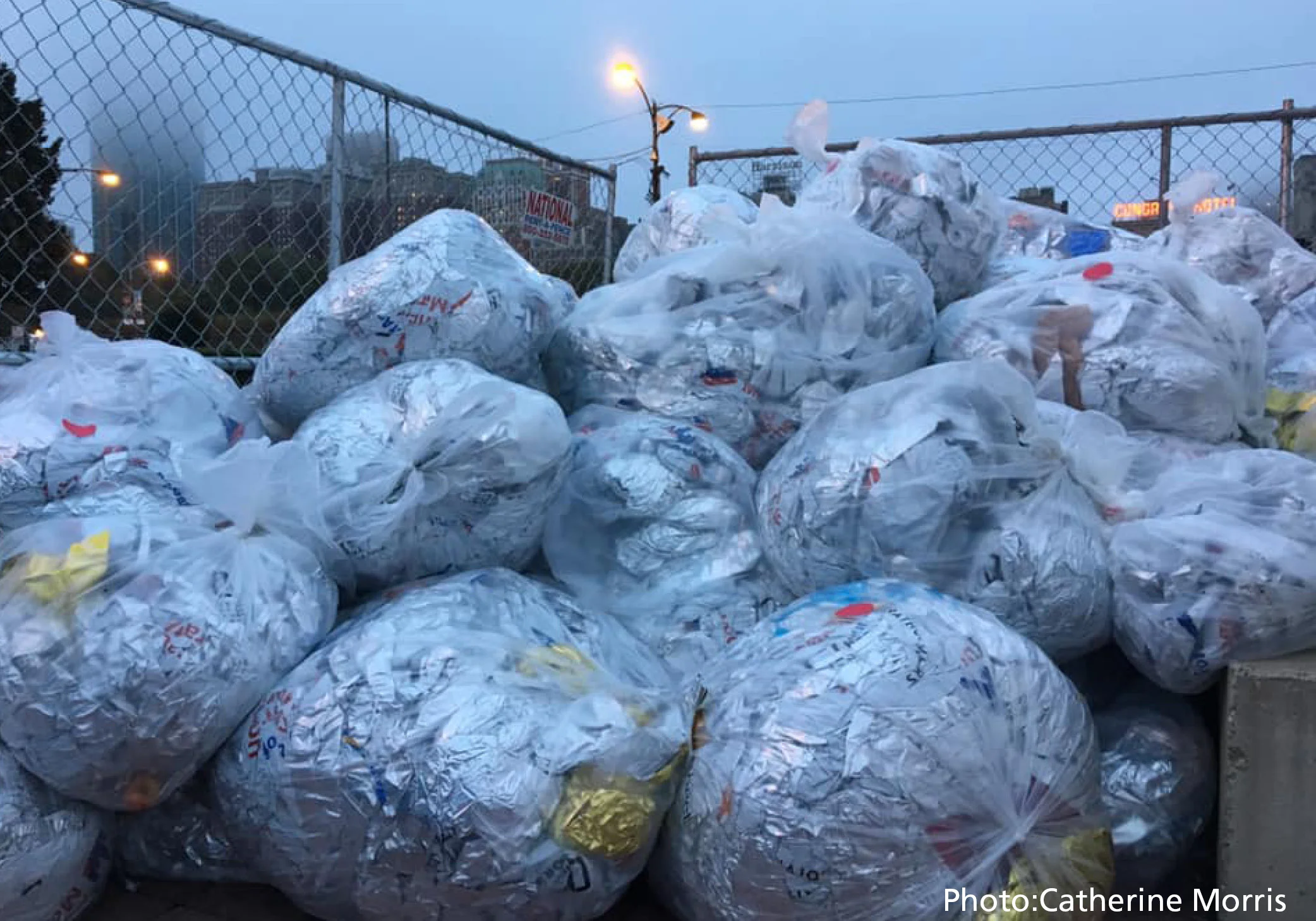 As dusk settles in after the running of the 2018 Bank of America Chicago Marathon on October 7, insulation blankets by Heatsheets have been collected and bagged, ready to be recycled into a bench to be donated to a Chicago park nearby.