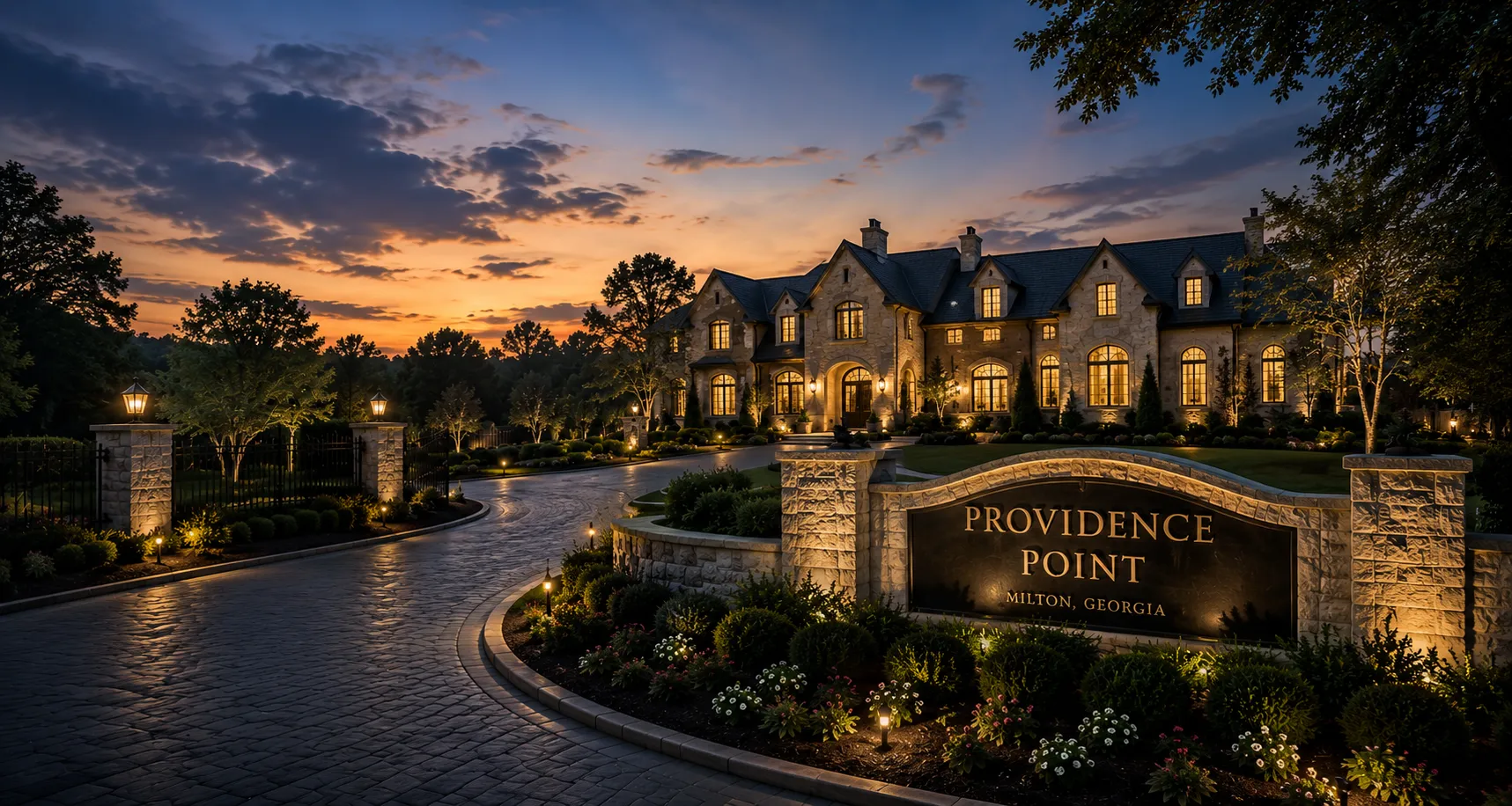 Representative luxury estate home exterior at dusk, reflecting the design standard for Providence Point