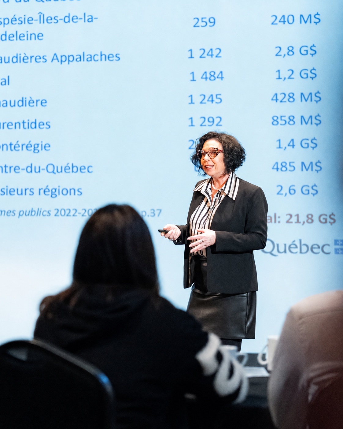 Conférencière devant la salle au Rendez-vous de la sous-traitance 2025 de la CCIHSM