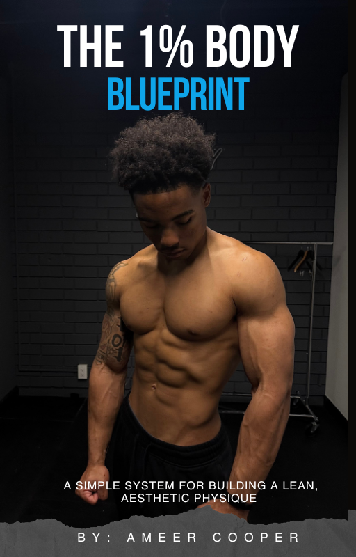 Muscular man standing in gym under title The 1% Body Blueprint by Ameer Cooper.