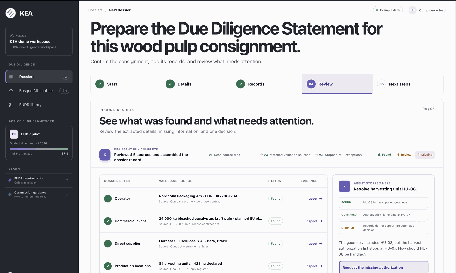 KEA platform interface showing due diligence workflow