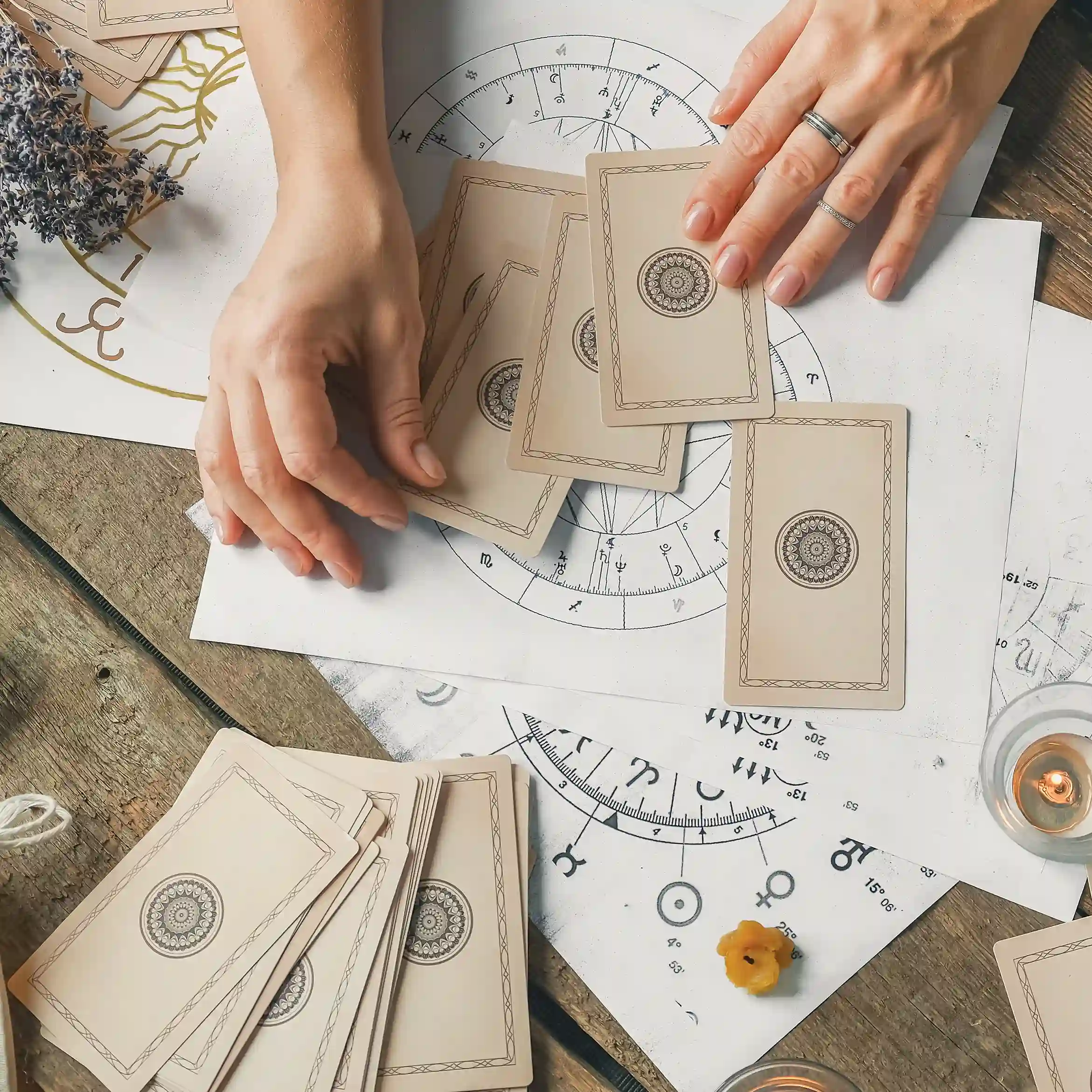 Person's hands arranging Tarot Cards on a timber table