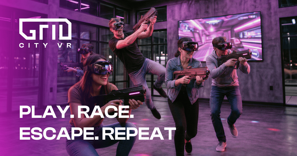 Group playing free roam VR arcade game at Grid City VR entertainment venue in Denver