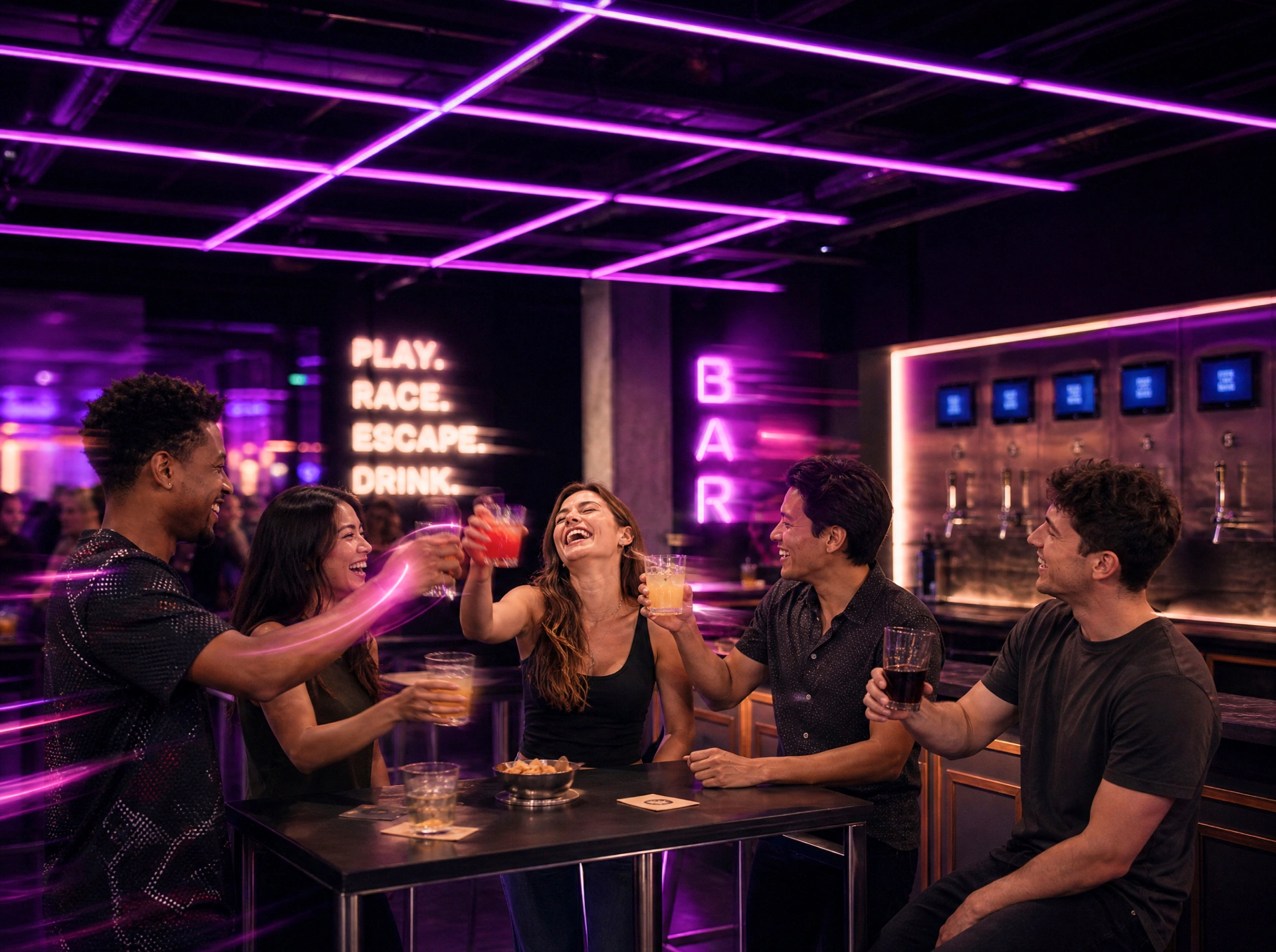 Self-serve tap wall and lounge area at Grid City VR in Westminster, Colorado