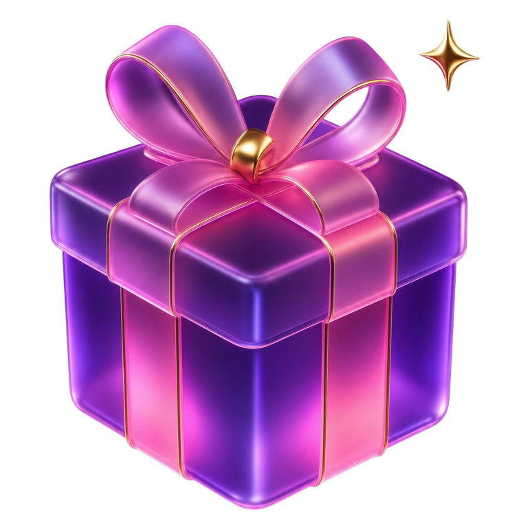 Frosted glass 3D gift box illustration in magenta and gold