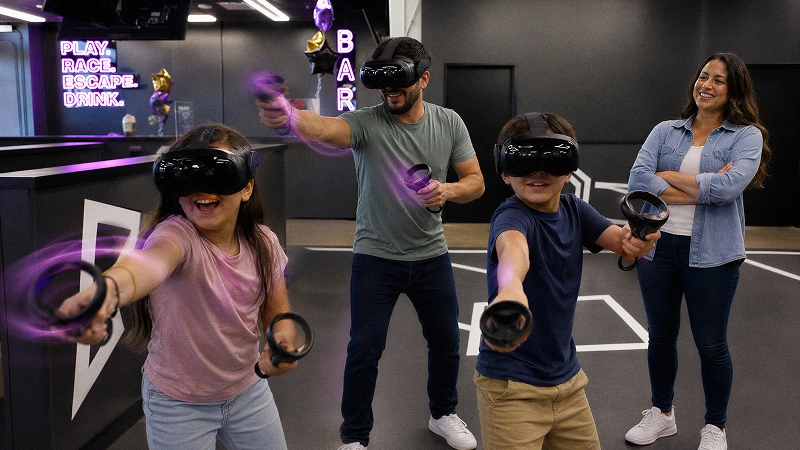 Guests gearing up for a free-roam VR session at Grid City VR in Westminster, Colorado