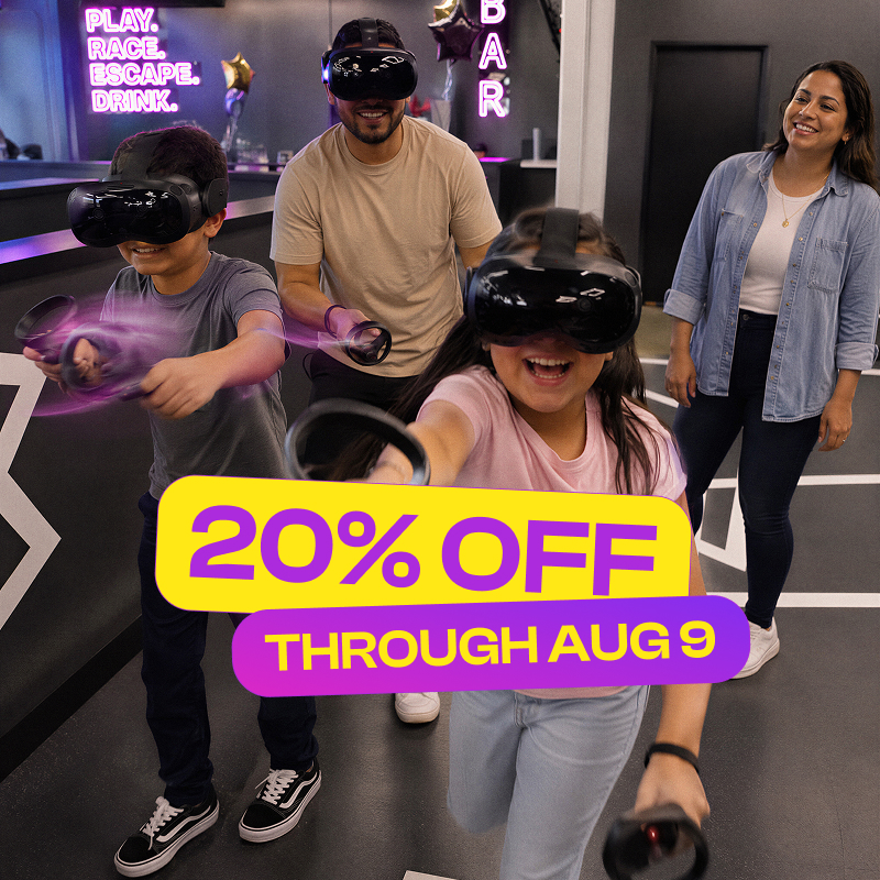 Group playing free-roam VR at Grid City VR in Westminster, near Denver, with 20% off through August 9