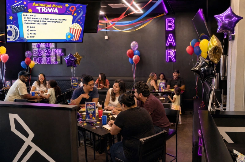 Guests playing trivia at Grid City VR in Westminster, near Denver, ahead of Disney and Pixar Trivia Night on August 13