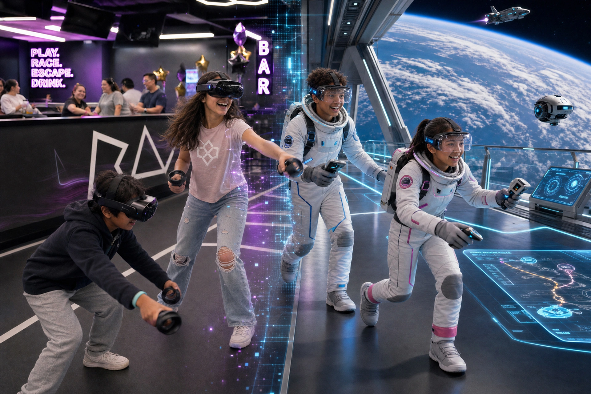 Kids and teens playing free-roam VR at Grid City VR in Westminster, near Denver