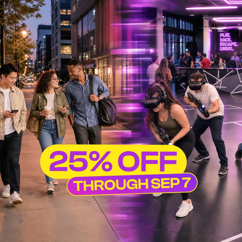 Friends heading in from the street as four players run a free-roam VR mission at Grid City VR in Westminster, near Denver. 25% off through September 7.