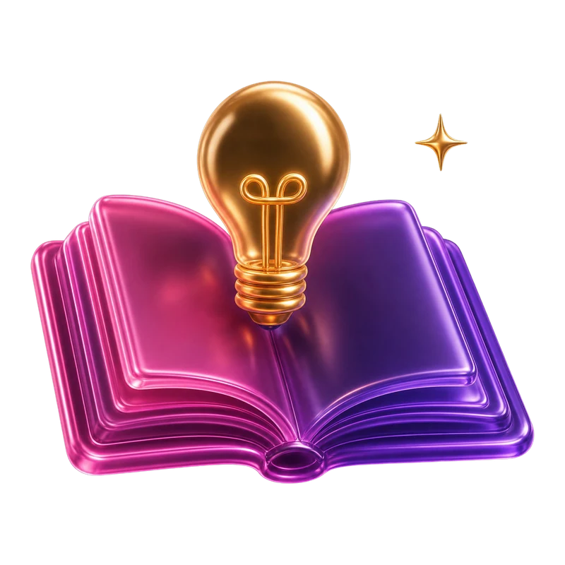Frosted glass 3D open book with light bulb illustration