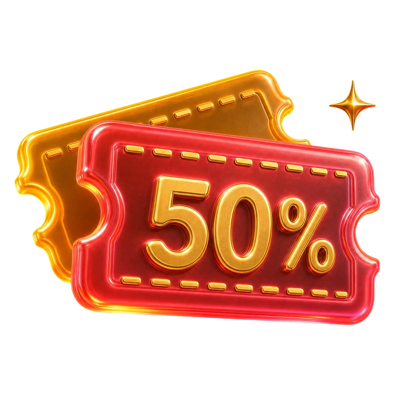Glass 3D 50 percent off tickets illustration