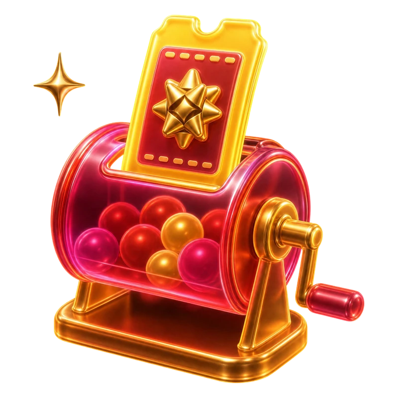 Glass 3D lottery drum with a golden ticket illustration