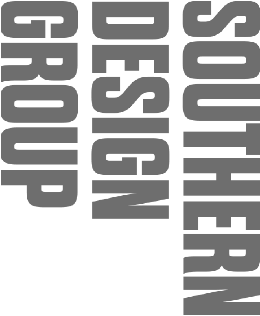 A black and white picture with words "Southern Design Group" tilted to the side.