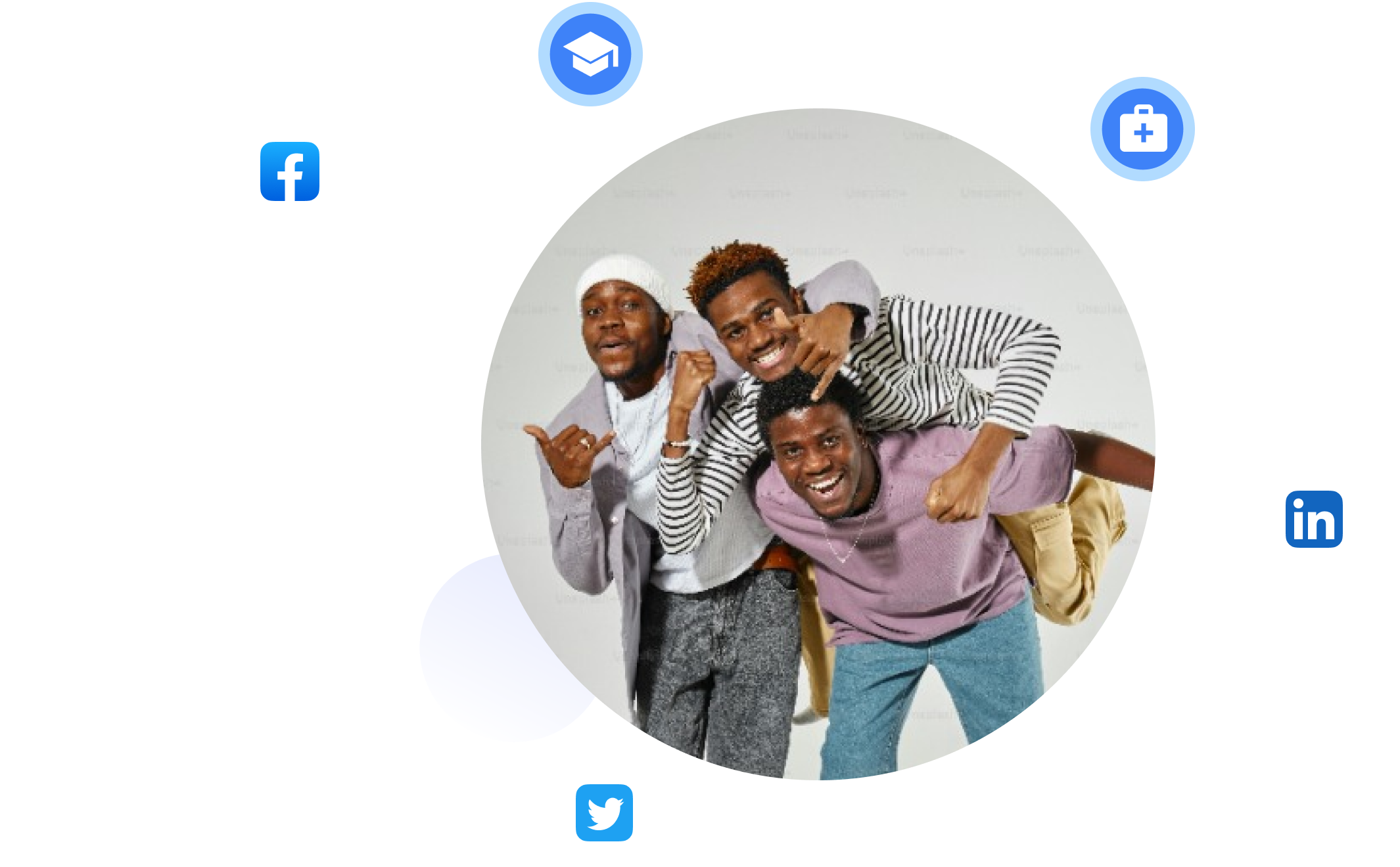 Three men showing a close friendship surrounded by social media logos and some icons.