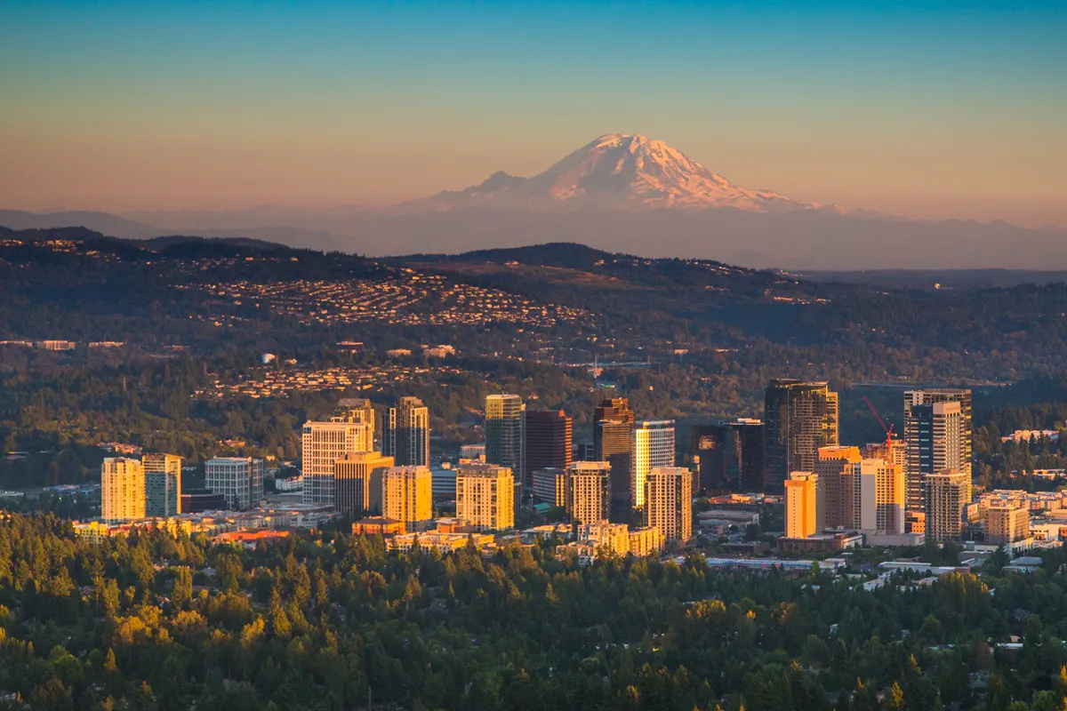 City skyline at sunset with forested area in foreground and snow-capped mountain in the distance.
