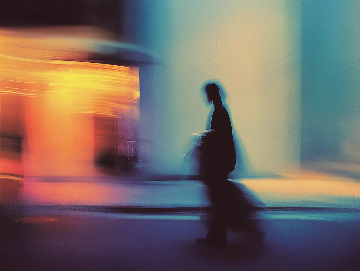 Blurred silhouette of a person walking at night with colorful abstract background lights.