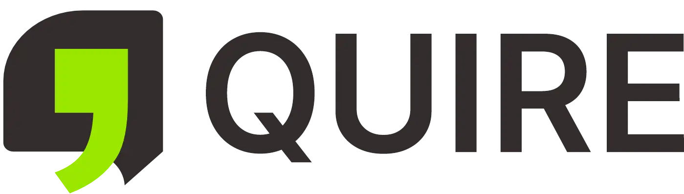 Logo with a stylized green and black quotation mark followed by the word QUIRE in black letters.
