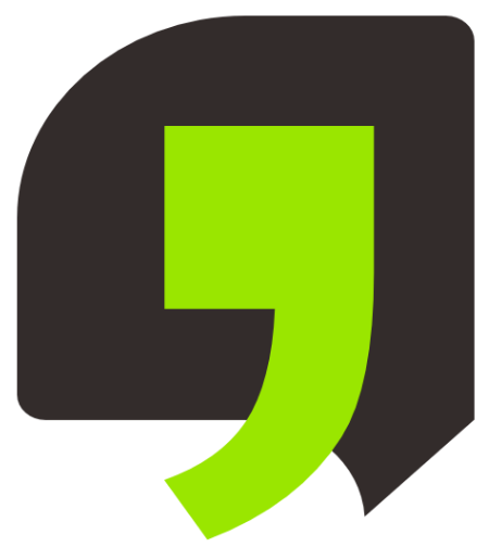 Green comma mark inside a rounded black square with a folded corner.