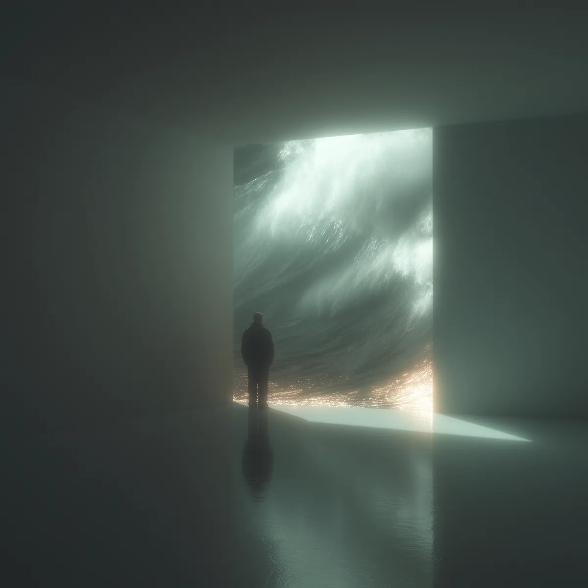 Silhouette of person standing inside room looking at giant wave through large open doorway.