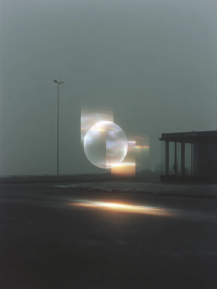 Foggy urban street with a tall lamp post and glowing circular light near a dark shelter.