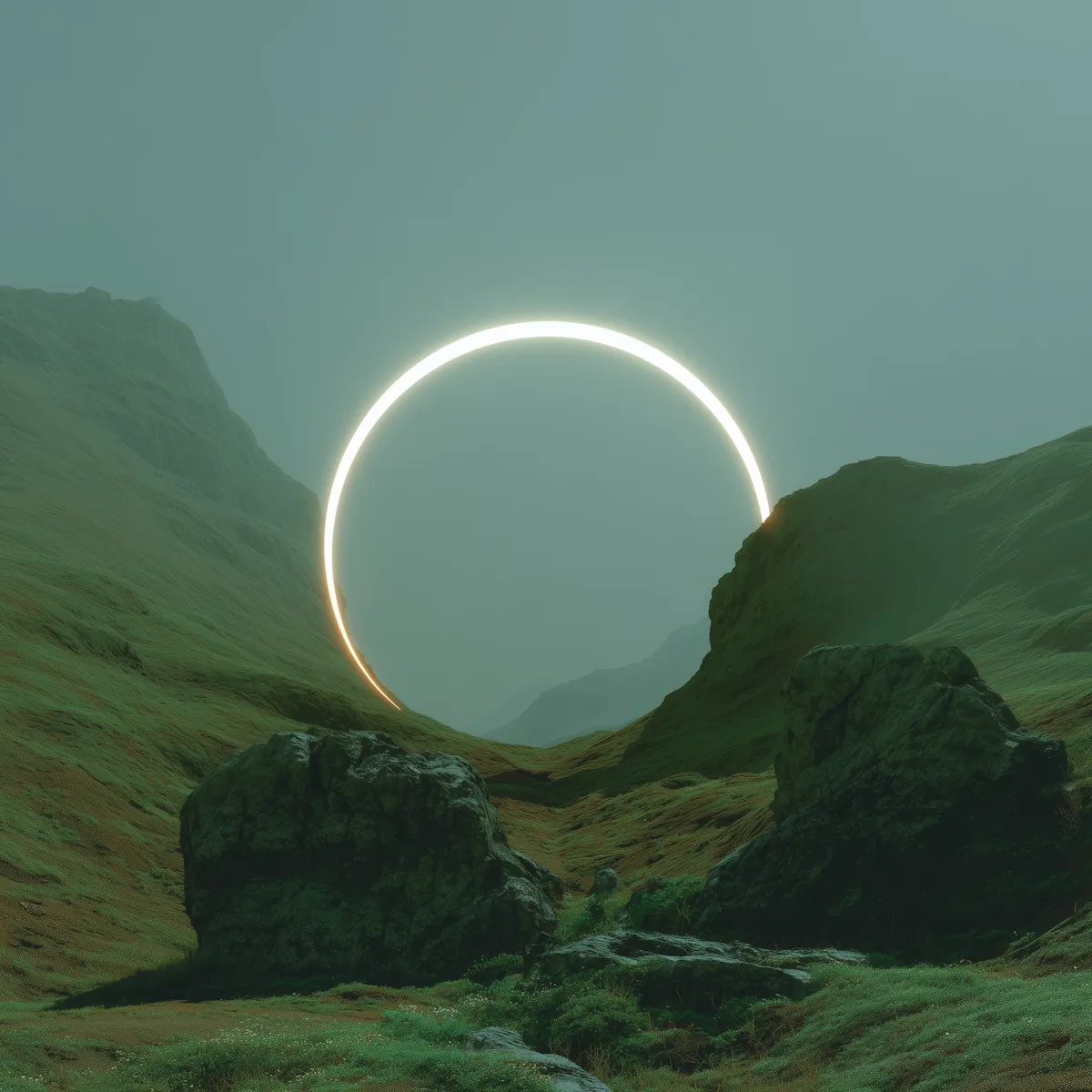 Glowing circular light hovering between green grassy hills with large dark rocks in foreground.