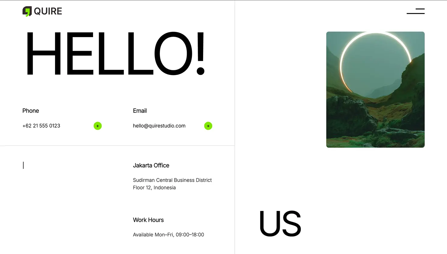 Contact page showing Quire logo, HELLO text, phone, email, Jakarta office address, work hours, and a glowing circle image.