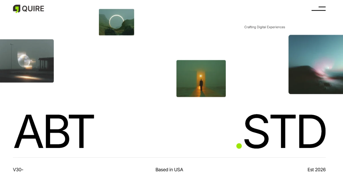 Quire brand page with abstract images, text 'Crafting Digital Experiences,' and company info.