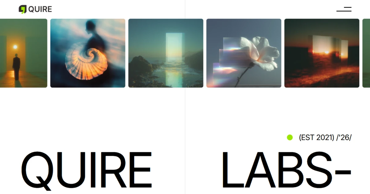 Website header with QU-IRE Labs text, abstract thumbnails of art and nature, and a green logo.