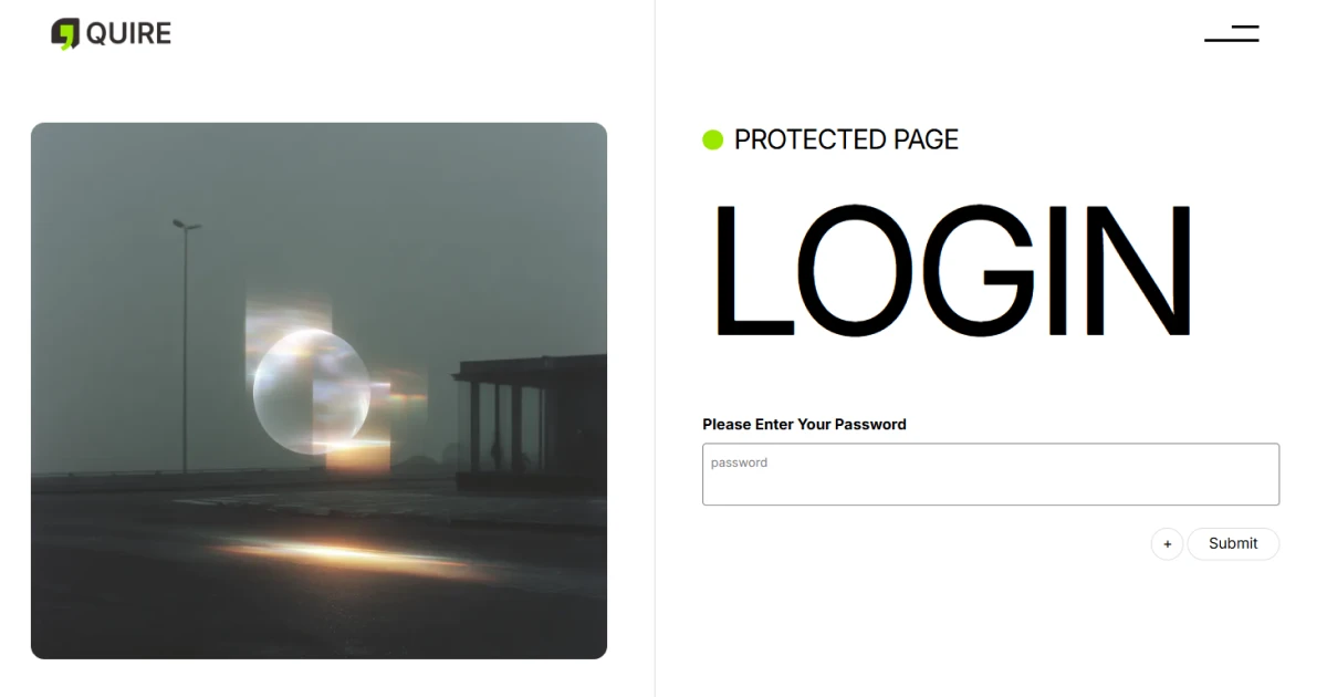 Login page with password entry, abstract art on left, and Quire logo at top left.