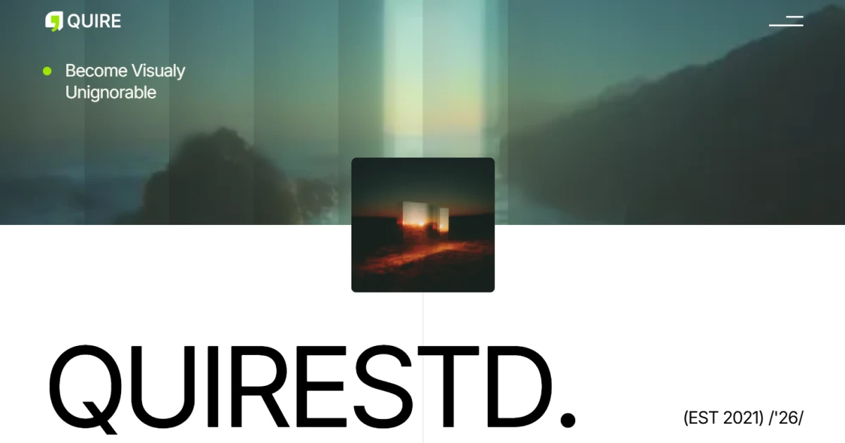 Website header with Quire logo, text 'Become Visually Unignorable,' and abstract background image.
