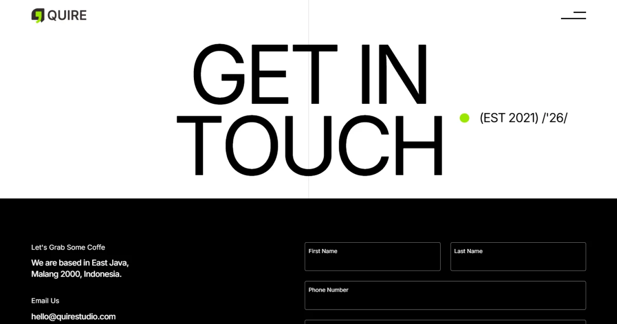 Quire contact page with Get In Touch headline and form for name, phone, and email details.