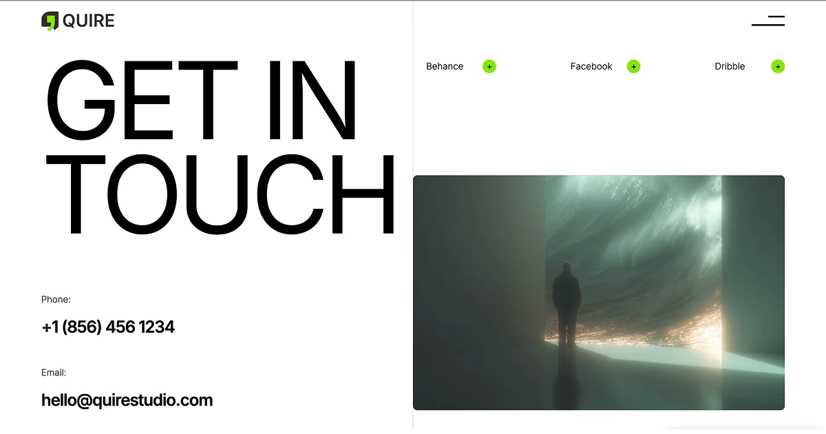 Screen shows 'GET IN TOUCH' text, contact details, and glowing circular light in a misty mountainous landscape.