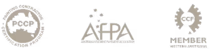 Three accreditations logos: PCCP Building Contractors, Australian Fireplace Association, and CF Member Western Australia.