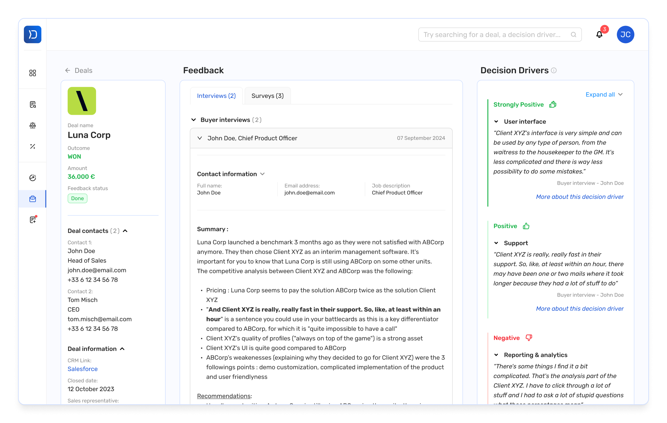 Page des deals Diffly avec les retours et les facteurs de décision
